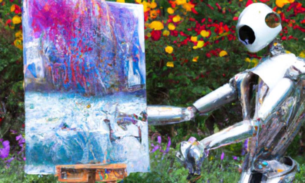 Impressionist style image of a robot painting on an easel.